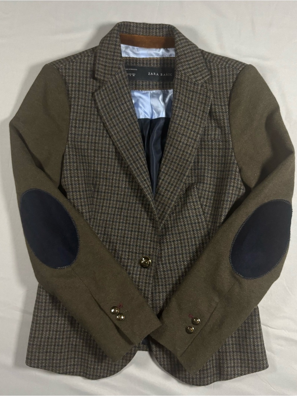 Zara Olive Green and Brown Tweed Blazer with Navy Elbow Patches Size Small